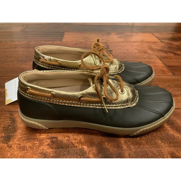 Michael Kors Gold & Brown Rubber Lace Up Waterproof Duck Boots Shoes Size 9 (US) - Picture 1 of 9